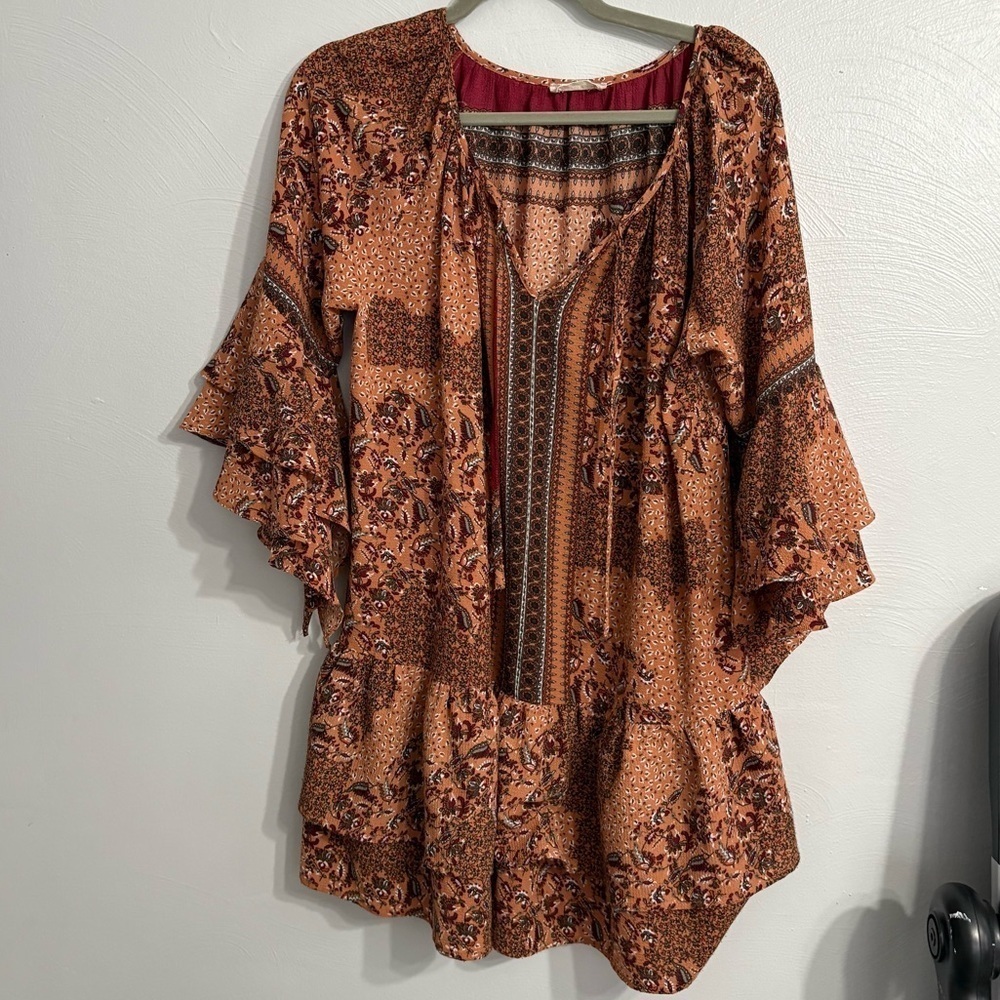 Altar'd State Printed Long Sleeve Dress Tunic Shirt | Boho Bohemian | Size Small